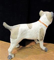 RARE ANTIQUE LATE 1800'S MOLDED CARDBOARD SPOTTED DOG W/GLASS EYES ON WHEELS